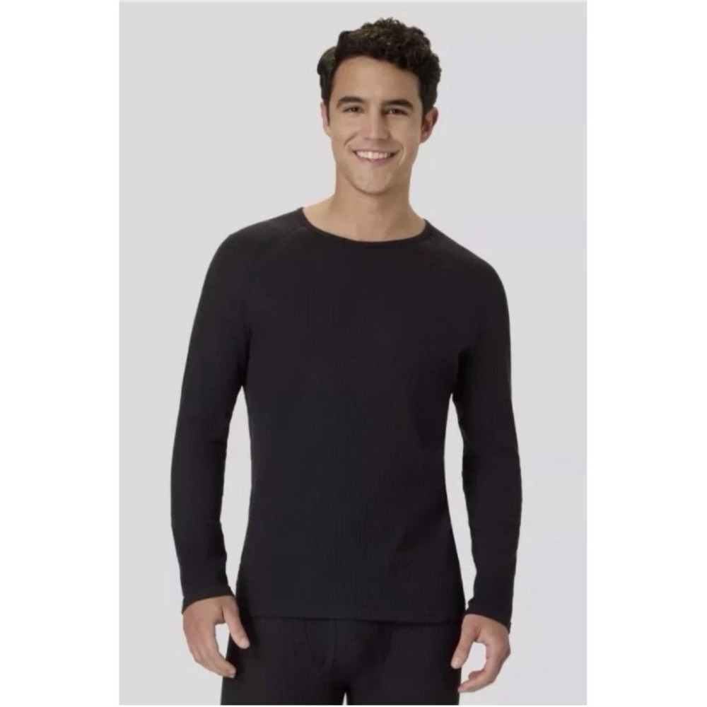 Hanes Mens Size Medium Black Waffle Knit Thermal Long Sleeve Crew Neck TShirt